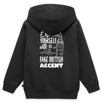 Exprimez-vous avec un faux accent britannique - Sweat Premium à capuche zippé enfant bio - noir - Dos - AI Model Kid Male (0cm)