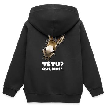 Tetu? Qui moi? (âne) texte blanc - Sweat Premium à capuche zippé enfant bio - noir - Dos - AI Model Kid Male (0cm)