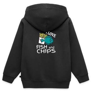 I love fish and chips spécialité anglaise - Sweat Premium à capuche zippé enfant bio - noir - Dos - AI Model Kid Male (0cm)