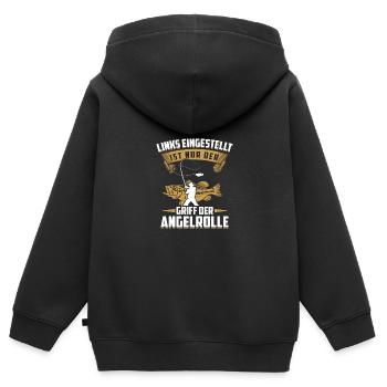 Links eingestellt ist nur der Griff der Angelrolle - Kinder Premium Organic Zip Hoodie - Schwarz - Hinten - AI Model Kid Male (0cm)