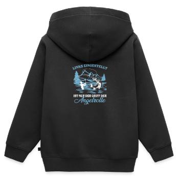 Links eingestellt ist nur der Griff der Angelrolle - Kinder Premium Organic Zip Hoodie - Schwarz - Hinten - AI Model Kid Male (0cm)