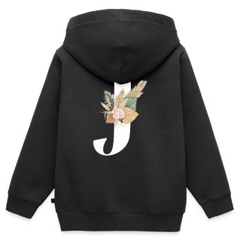 lettre J fleuris - Sweat Premium à capuche zippé enfant bio - noir - Dos - AI Model Kid Male (0cm)