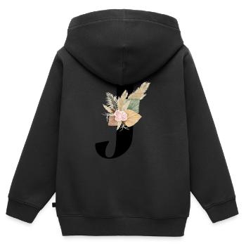 lettre J fleuris - Sweat Premium à capuche zippé enfant bio - noir - Dos - AI Model Kid Male (0cm)