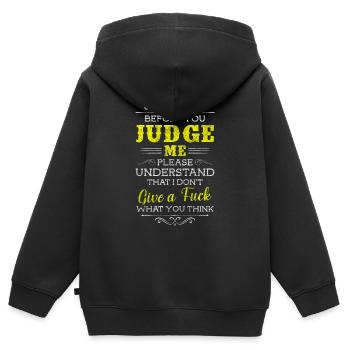 Je m’en fiche Non merci - Sweat Premium à capuche zippé enfant bio - noir - Dos - AI Model Kid Male (0cm)