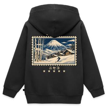 Japan Niseko Vintage Reisemarke - Kinder Premium Organic Zip Hoodie - Schwarz - Hinten - AI Model Kid Male (0cm)
