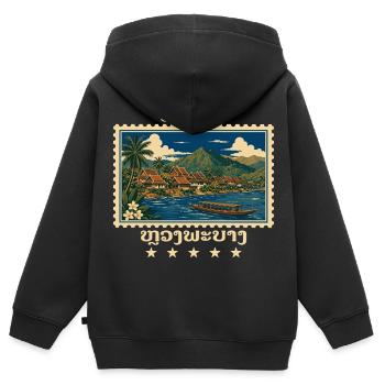 Laos Luang Prabang Marque de voyage vintage - Sweat Premium à capuche zippé enfant bio - noir - Dos - AI Model Kid Male (0cm)