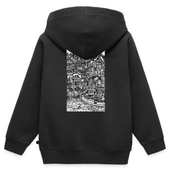 Dessin à l’encre d’un paysage urbain détaillé - Sweat Premium à capuche zippé enfant bio - noir - Dos - AI Model Kid Male (0cm)