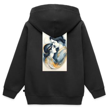 Couple en lignes de noir et d’or - Sweat Premium à capuche zippé enfant bio - noir - Dos - AI Model Kid Male (0cm)