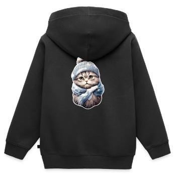 Chat en hiver avec bonnet et écharpe 2 - Sweat Premium à capuche zippé enfant bio - noir - Dos - AI Model Kid Male (0cm)
