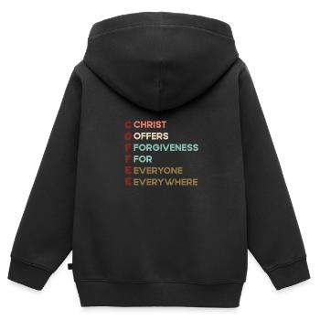 Kaffee Christus bietet allen überall Vergebung - Kinder Premium Organic Zip Hoodie - Schwarz - Hinten - AI Model Kid Male (0cm)