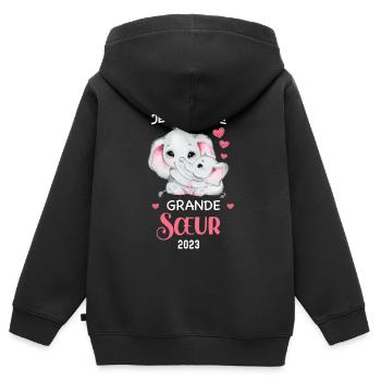 Grande Soeur 2023 Cadeau Annonce Naissance Bébé - Sweat Premium à capuche zippé enfant bio - noir - Dos - AI Model Kid Male (0cm)