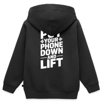 Legen Sie Ihr Telefon weg und heben Sie es an - Kinder Premium Organic Zip Hoodie - Schwarz - Hinten - AI Model Kid Male (0cm)