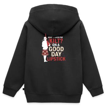 Was ist unter dem Kilt Lippenstift Scottish Bagpiper - Kinder Premium Organic Zip Hoodie - Schwarz - Hinten - AI Model Kid Male (0cm)