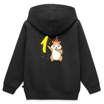 Anniversaire de hamster de 1 an - Sweat Premium à capuche zippé enfant bio - noir - Dos - AI Model Kid Male (0cm)