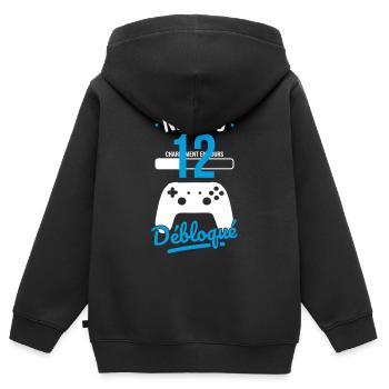 Anniversaire 12 ans - Niveau 12 débloqué - Gamer - Sweat Premium à capuche zippé enfant bio - noir - Dos - AI Model Kid Male (0cm)