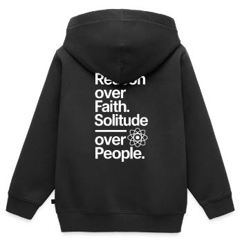 Vernunft über Glauben, Einsamkeit über Menschen - Kinder Premium Organic Zip Hoodie - Schwarz - Hinten - AI Model Kid Male (0cm)