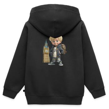 Garçon Souriant - BIG BEN - Souvenir de Londres - Sweat Premium à capuche zippé enfant bio - noir - Dos - AI Model Kid Male (0cm)