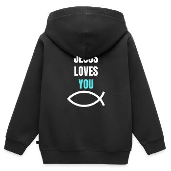 Jesus loves you Christlich Fisch Geschenk - Kinder Premium Organic Zip Hoodie - Schwarz - Hinten - AI Model Kid Male (0cm)