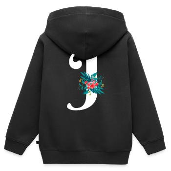 lettre J fleuris - Sweat Premium à capuche zippé enfant bio - noir - Dos - AI Model Kid Male (0cm)