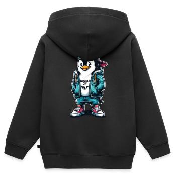Pingouin Hipster Se dandiner avec Style - Sweat Premium à capuche zippé enfant bio - noir - Dos - AI Model Kid Male (0cm)
