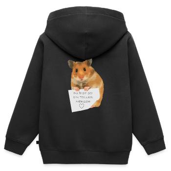 Hamster Zettel Botschaft - Toller Mensch bist - Kinder Premium Organic Zip Hoodie - Schwarz - Hinten - AI Model Kid Male (0cm)