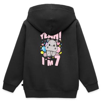 7 ans Bday Party 7ème anniversaire fille hippopotame - Sweat Premium à capuche zippé enfant bio - noir - Dos - AI Model Kid Male (0cm)