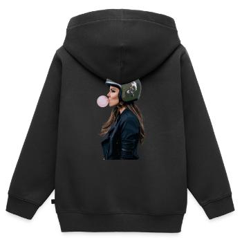 Coole Motorradfahrerin Bikerin kaut Kaugummi - Kinder Premium Organic Zip Hoodie - Schwarz - Hinten - AI Model Kid Male (0cm)