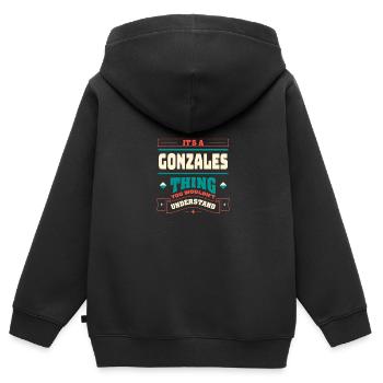It is a gonzales thing that corresponds to surname - Kids Premium Organic Zip-up Hoodie - black - Back - AI Model Kid Male (0cm)