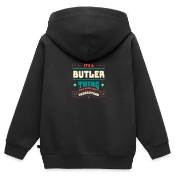 It is a butler thing, the surname for the family - Kids Premium Organic Zip-up Hoodie - black - Back - AI Model Kid Male (0cm)