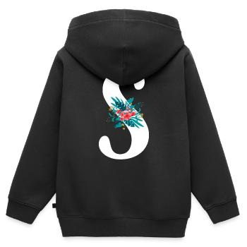 lettre S fleuris - Sweat Premium à capuche zippé enfant bio - noir - Dos - AI Model Kid Male (0cm)