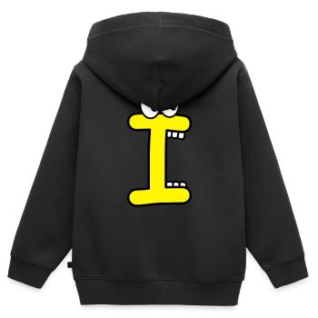 I - lettre I avec les yeux 👀 - Sweat Premium à capuche zippé enfant bio - noir - Dos - AI Model Kid Male (0cm)