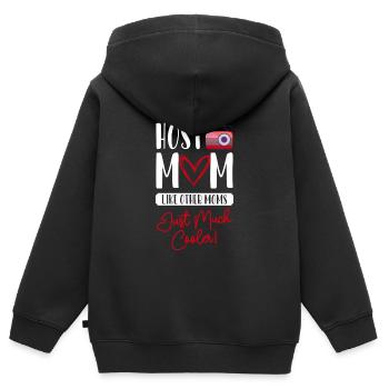 Présentateur, annonceur, conférencier de programme, émission - Sweat Premium à capuche zippé enfant bio - noir - Dos - AI Model Kid Male (0cm)