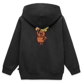 Wombat Oignon - Wombat-Zwiebel - Sweat Premium à capuche zippé enfant bio - noir - Dos - AI Model Kid Male (0cm)
