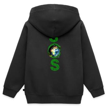 SOS Earth lettrage vert long - Sweat Premium à capuche zippé enfant bio - noir - Dos - AI Model Kid Male (0cm)
