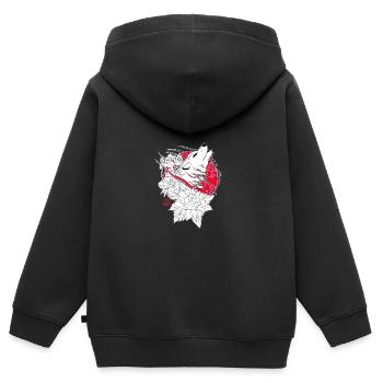 Wolf, Iris und Pfingstrose aus Japan - Kinder Premium Organic Zip Hoodie - Schwarz - Hinten - AI Model Kid Male (0cm)