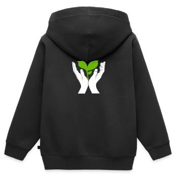 Haende nach oben offen mit Pflanze 2 - Kinder Premium Organic Zip Hoodie - Schwarz - Hinten - AI Model Kid Male (0cm)
