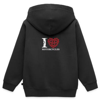 J'adore les motos chaîne pignon cadeau essence - Sweat Premium à capuche zippé enfant bio - noir - Dos - AI Model Kid Male (0cm)