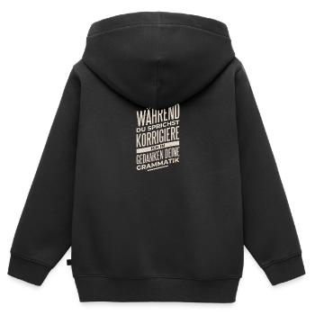 Pendant que vous parlez, je corrige votre grammaire - Sweat Premium à capuche zippé enfant bio - noir - Dos - AI Model Kid Male (0cm)