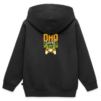 Mens Pregnancy Announcement Dad Level Unlocked - Kinder Premium Organic Zip Hoodie - Schwarz - Hinten - AI Model Kid Male (0cm)