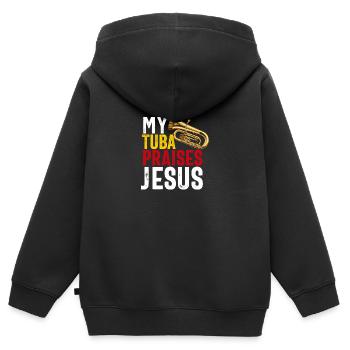 Joueur de tuba hommes femmes fanfare tubiste en laiton - Sweat Premium à capuche zippé enfant bio - noir - Dos - AI Model Kid Male (0cm)