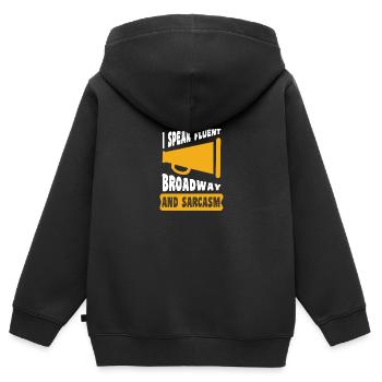 JE PARLE COURAMMENT BROADWAY ET SARCASME Cadeaux - Sweat Premium à capuche zippé enfant bio - noir - Dos - AI Model Kid Male (0cm)