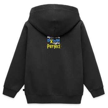 Sœur de Down I Ruban jaune bleu T21 - Sweat Premium à capuche zippé enfant bio - noir - Dos - AI Model Kid Male (0cm)