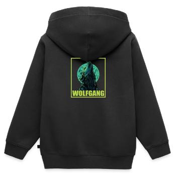 WOLFGANG Nom Tenue de loup pour le jour du nom avec le nom - Sweat Premium à capuche zippé enfant bio - noir - Dos - AI Model Kid Male (0cm)