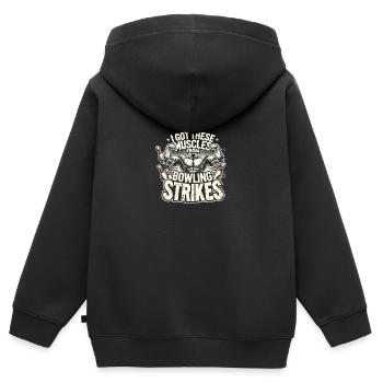 Diese Muskeln habe ich von Bowling-Strikes - Kinder Premium Organic Zip Hoodie - Schwarz - Hinten - AI Model Kid Male (0cm)