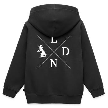 London - Kinder Premium Organic Zip Hoodie - Schwarz - Hinten - AI Model Kid Male (0cm)