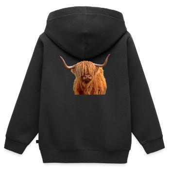 Portrait, rouge, écossais, bovin montagneux - Sweat Premium à capuche zippé enfant bio - noir - Dos - AI Model Kid Male (0cm)