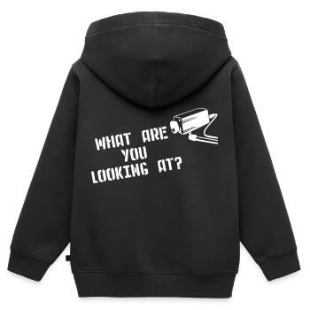 WHAT ARE YOU LOOKING AT CCTV Kamera Street Art - Sweat Premium à capuche zippé enfant bio - noir - Dos - AI Model Kid Male (0cm)