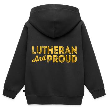 Confirmation religieuse luthérienne et fière - Sweat Premium à capuche zippé enfant bio - noir - Dos - AI Model Kid Male (0cm)