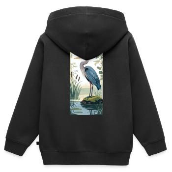 Jeune héron cendré dans la nature - Sweat Premium à capuche zippé enfant bio - noir - Dos - AI Model Kid Male (0cm)