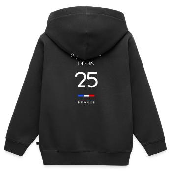 Life is better in DOUBS Number 25 Franche Comté Fr - Sweat Premium à capuche zippé enfant bio - noir - Dos - AI Model Kid Male (0cm)
